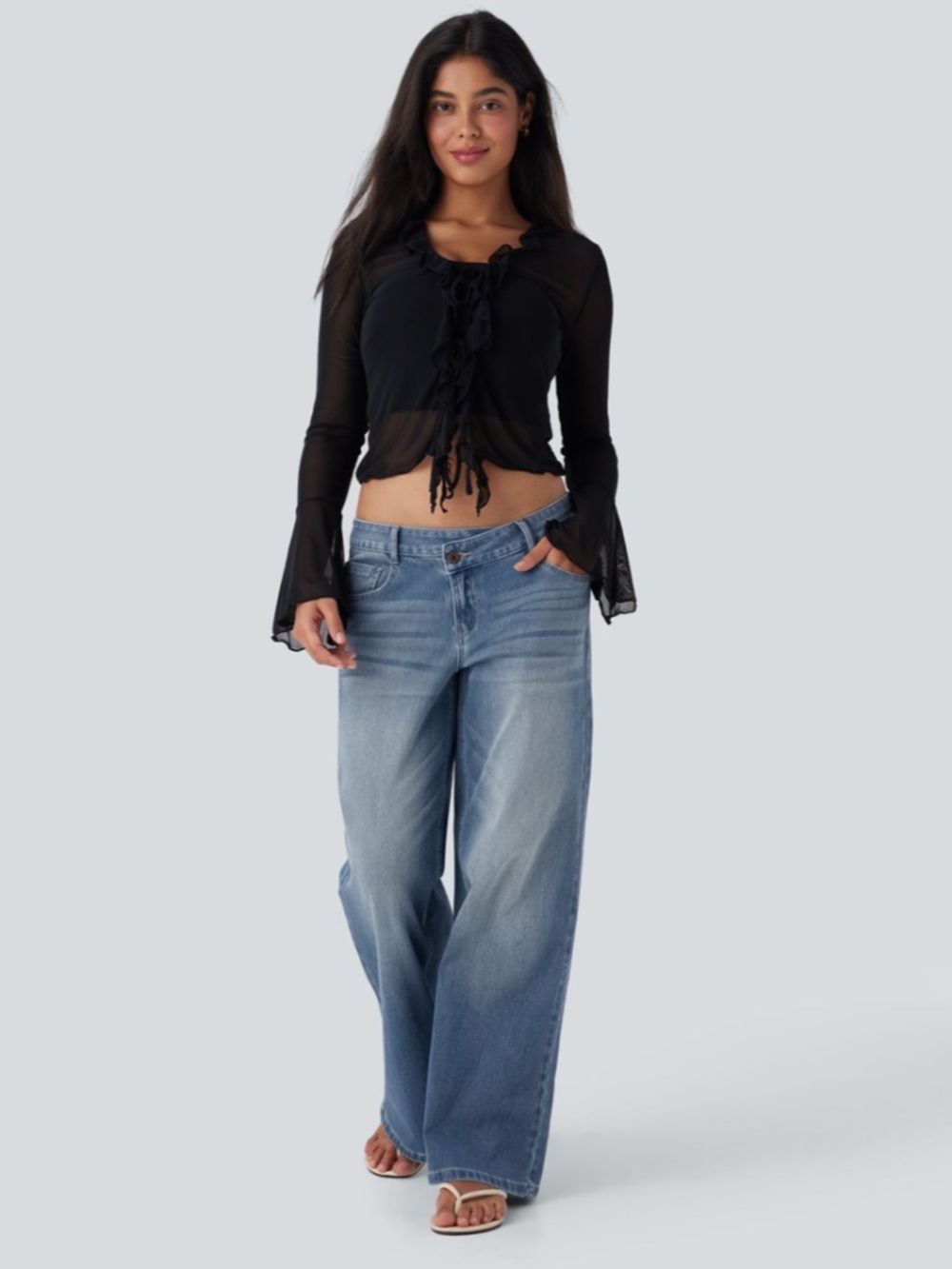 Halara Flex™ Asymmetric Low Rise Zipper Pockets Baggy Wide Leg Washed Casual Jea